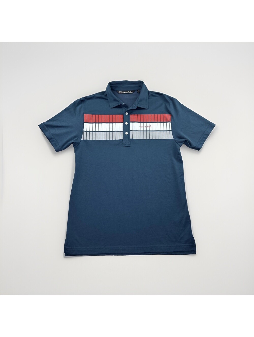 Travis Mathew Polo Shirt Men’s Medium Blue Striped Red Grey Cotton/Polyester